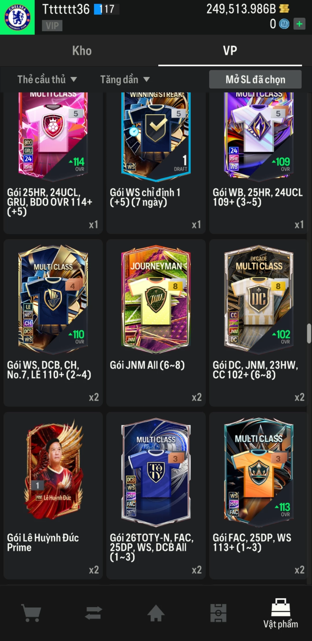 Ảnh ACC mở thẻ (LOẠI SVIP PROMAX) bao gồm có 02 thẻ +12, 04 thẻ PRIME (QH+, CP+, XS+, HĐ+) và hơn 1600+ thẻ cầu thủ từ Siêu sao đến Miền núi các loại. Acc có sẵn BP trắng từ 230.000 tỷ BP đến 250.000 tỷ BP kèm theo nhiều ngày SVIP